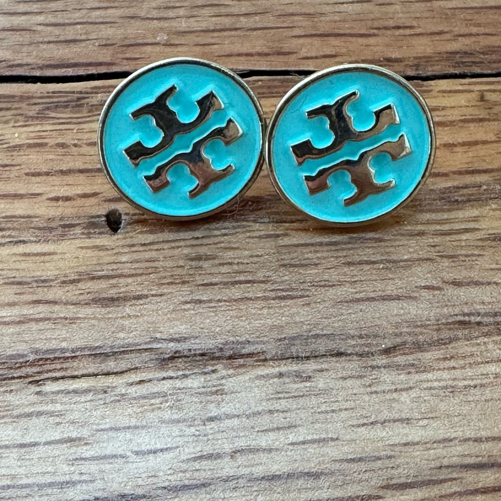 Tory Burch Turquoise and Gold Round Logo Stud Earrings